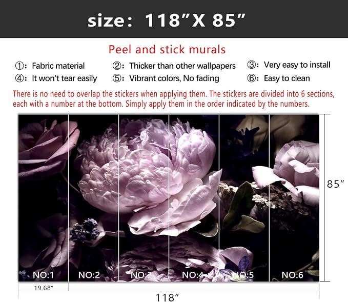 YIHWM-Peel and Stick Purple Flowers Wallpaper Dark Peony Floral Wall Mural | Tear-resistant,with a substantial feel;Will not be damaged during repositioning.Bathroom,Bedroom wallpaper.M-118"x85"