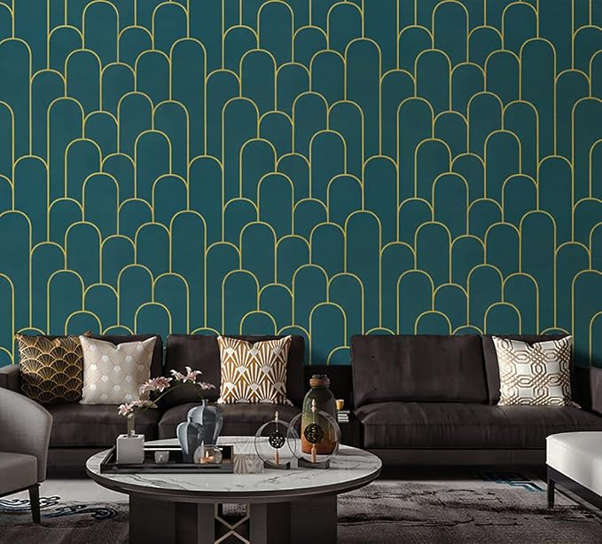 Yasinet Peel and Stick Wallpaper Green and Gold Wallpaper Dark Green Contact Paper Modern Geometric Removable Self Adhesive Wall Paper for Bedroom/Cabinet Waterproof for Bathroom Vinyl 197" x 17.3"