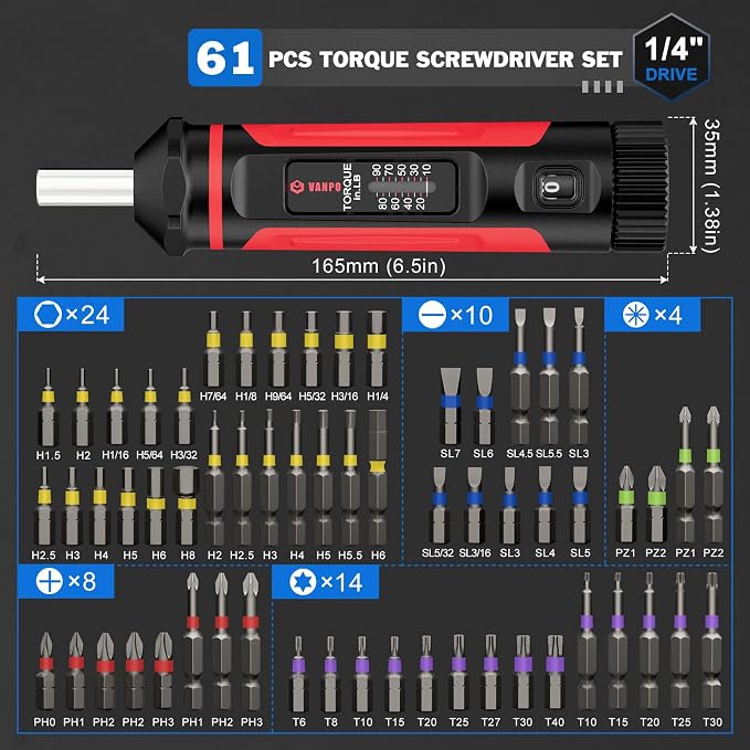 VANPO Torque Screwdriver 10-90 in-lb, 1/4" Drive Precision Driver Set | Inch Pounds Torque Wrench, 60 S2 Steel Bits for Gunsmithing, Bike Repair, Scope Mounting, Maintenance, DIY