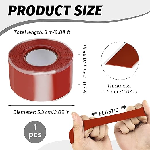 Red 9.8 Ft Silicone Grip Tape for Handles, Waterproof Self Fusing Silicone Tape, Water Hose Repair Tape for Pull Up Bars, Dumbbells, Sports Gym Equipment, Tools, Baseball Bat