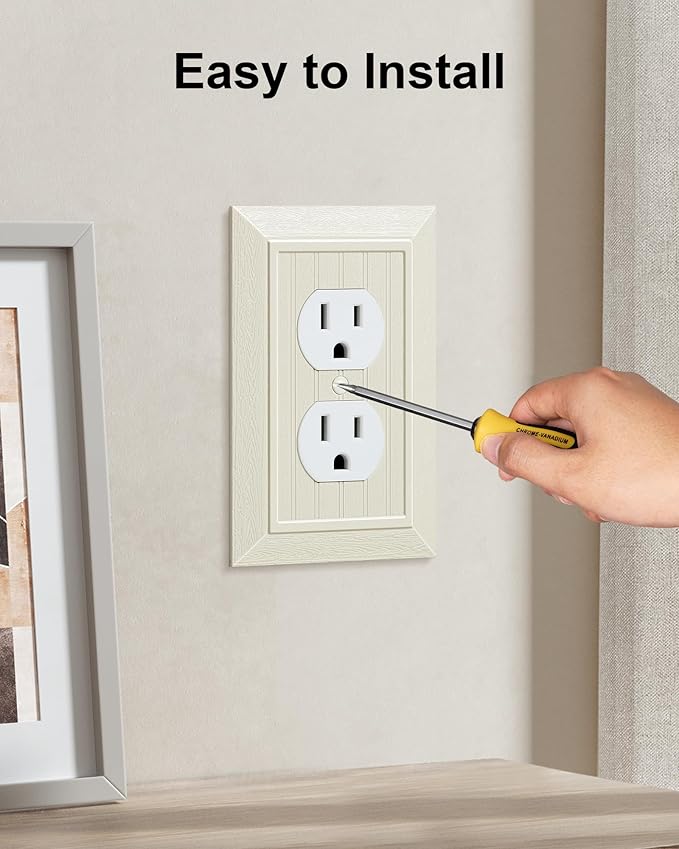4-Pack Classic Beadboard Duplex Outlet Cover Plate, Decorative Unbreakable Polycarbonate Switch Plates and Outlet Covers, Light Almond Wall Plates for Electrical Outlets, 1 Gang Receptacle Cover