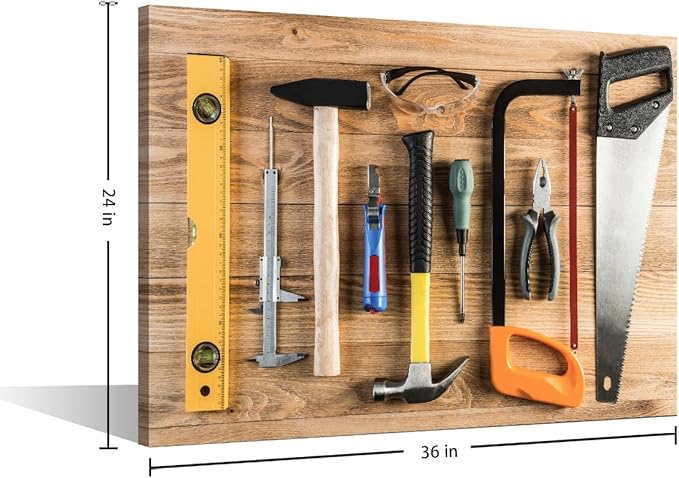 Hammer and Ruler Picture 1 Panels Large Wall Art for Living Room Wall Decor Assorted Work Tools on Wood Poster, Canvas Supermarket Hotel Restaurant Office Wall Decoration Ready to Hang (24"Wx36"H)