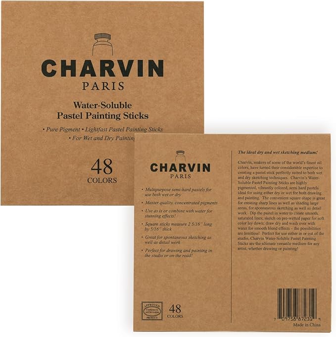 Charvin Artist Colored Chalk Pastels (24 Sets of 48 Pastels) - Water Soluble, Assorted Pastel Color Sticks for Wet, & Dry Painting