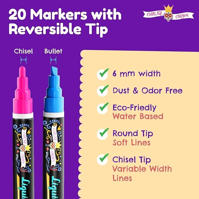 Bold Chalk Markers - Dry Erase Marker Pens - Liquid Chalk Markers for Chalkboards, Signs, Windows, Blackboard, Glass - Reversible Tip (20 Pack) - (Multicolored, 6mm)