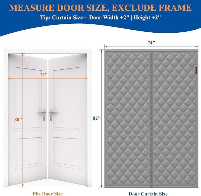 MAGZO Magnetic Thermal Insulated Door Curtain, Fits 72" x 80" Door, Gray | Curtain Size 74'' x 82'', Weatherproof Oxford Filled Cotton, Cover Insulation Kit for Sliding Glass/Patio/French Doors/Winter