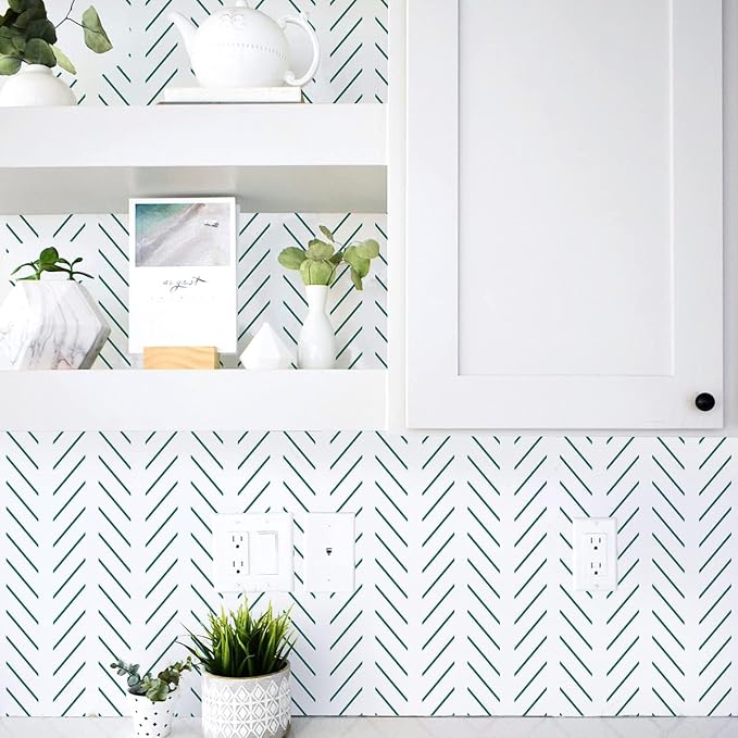 Erfoni Peel and Stick Wallpaper Green Herringbone Wallpaper for Bathroom | 17.7in x 393.7in Modern Geometric Removable Contact Paper Green and White Line Peel Stick Self Adhesive Wallpaper for Walls