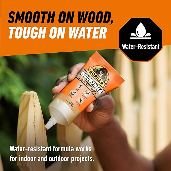Gorilla All Purpose Wood Filler, Golden Oak Color, 6 Ounce Tube (Pack of 2) - Water Resistant for Indoor or Outdoor Projects and Repairs