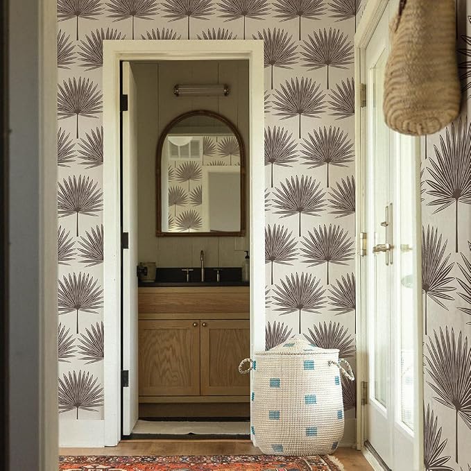 Tempaper Dark Cocoa & Cream Stamped Palm Removable Peel and Stick Boho Wallpaper, 20.5 in X 16.5 ft, Made in The USA