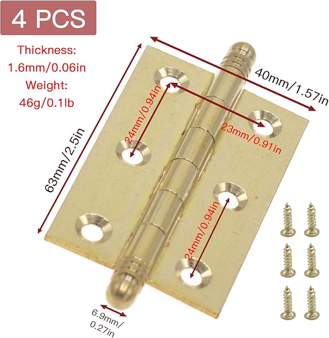 Pack of 4 2.5 Inch Brass Door Butt Hinges, Mini Cabinet Decorative Folding Butt Hinges, Small Bifold Door Hinges, Polished Butt Hinge with Mouting Screws