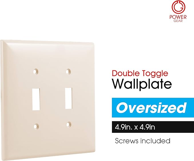 Power Gear, Light Almond, Double Toggle Oversized Wall Plate Cover, 2 Gang, Unbreakable Faceplate, x 4.9” , Screws Included, 44757, 1 Pack