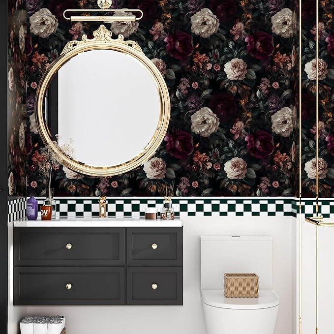 ILHIIOR Black/Pink Floral Peel and Stick Wallpaper 17.5 x 393 Inches | Leaf Removable Self Adhesive Waterproof Contact Paper, Renter Friendly Decor for Cabinets, Drawers & Bedroom Walls