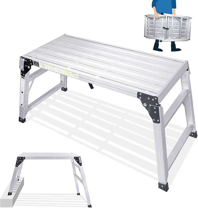 ORIENTOOLS Adjustable Work Platform, (39.4" X 18.5") Portable Folding Aluminum Step Ladder, Scaffolding Platform of Capacity 330 LBS Heavy Duty, 7 Gear Adjustable Height 24 to 35 inches