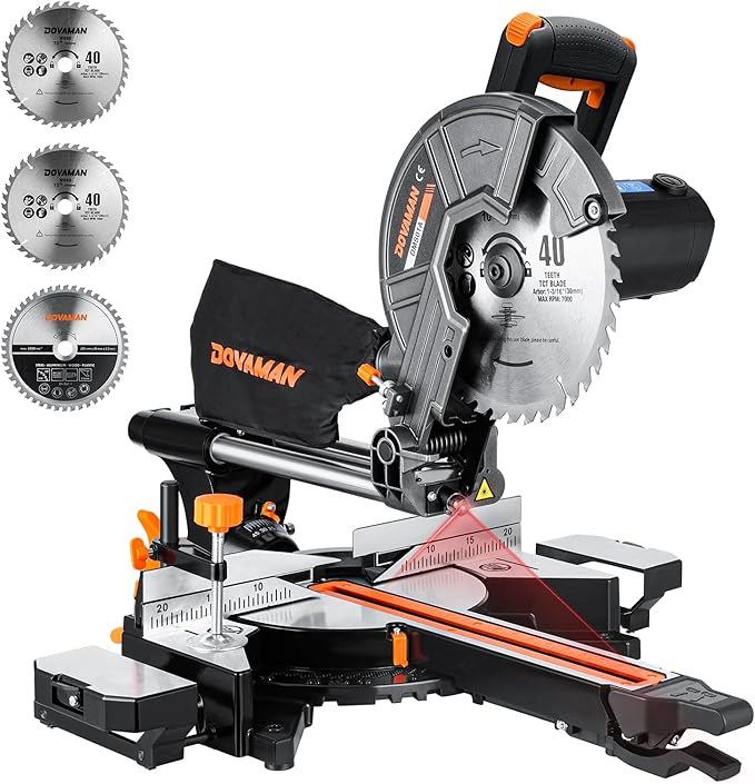 DOVAMAN Updated 10-Inch Sliding Miter Saw, Multi-Material Cutting w/ 3 x TCT Blades, Ambidextrous Operation, 5000/3200RPM Speed, Laser Guide, 0-45° Bevel Cut, Max Cut 3.5x13.4in, 9 Positive Stops
