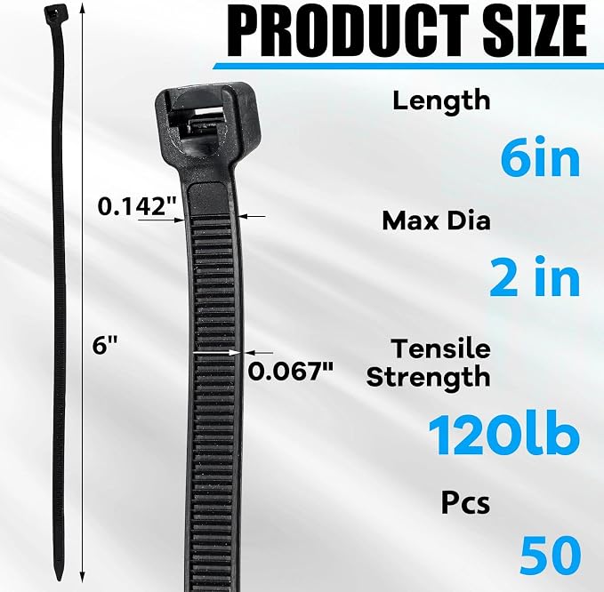 Reallnaive 50 Pcs 6 Inch Zip Ties Heavy Duty 120 LBS Tensile Strength Nylon Wire Cable Ties for Indoor Outdoor (Black)