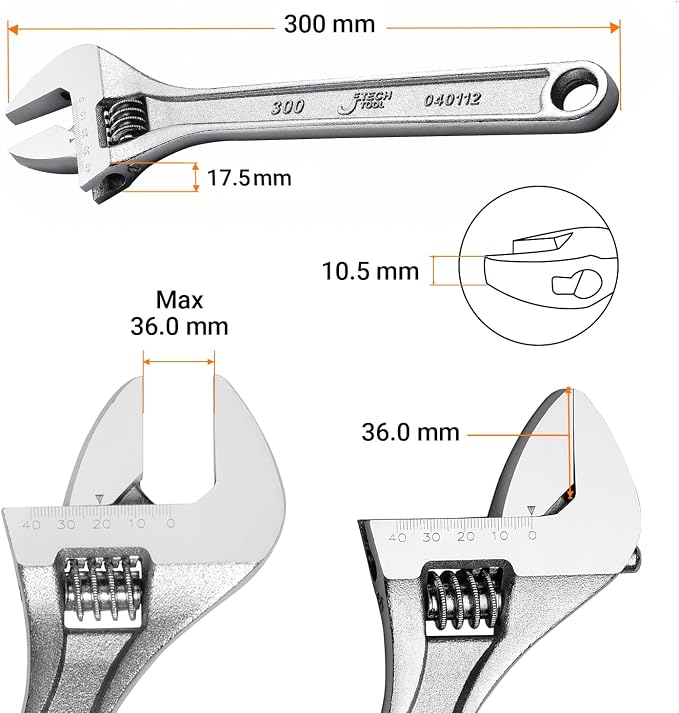 Jetech 12-Inch Adjustable Wrench - Professional Heavy Duty Chrome Vanadium Steel Shifter Spanner with Inch/Metric Scale Wide Caliber Opening