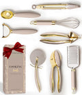 Styled Settings Beige and Gold Kitchen Utensils Set, 8-Piece | Silicone, 8 PC Cooking Gadgets with Mini Gold, Pizza Cutter, Garlic Press, Cheese Grater, Peeler