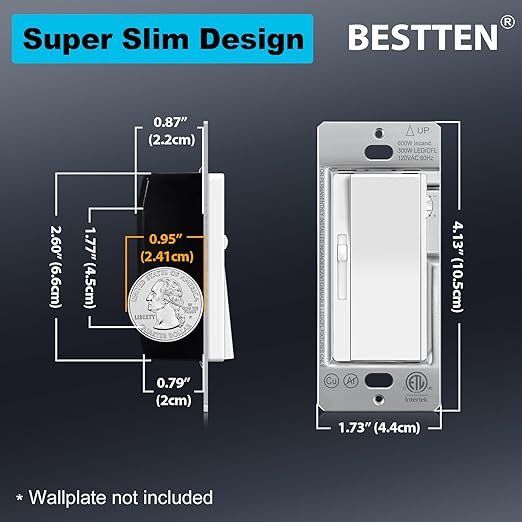 BESTTEN 24 Pack Super Slim Dimmer Light Switch for 300W Dimmable LED/CFL Lights and 600W Incandescent/Halogen, Single Pole/3-Way LED Slide Dimmer, ETL Listed, White