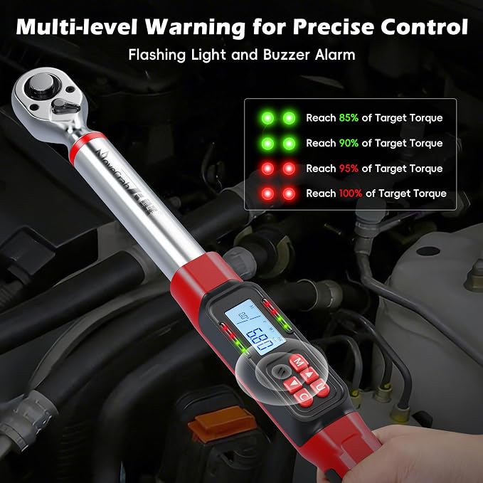 3/8" Digital Angle Torque Wrench, 5-99.6 Ft.lb, ±2% Accuracy, 8pcs | Electronic Torque Wrench with 0.1° Angle Mode, LED Display, Buzzer Alerts for Automotive, Motorcycle & Engine Repair
