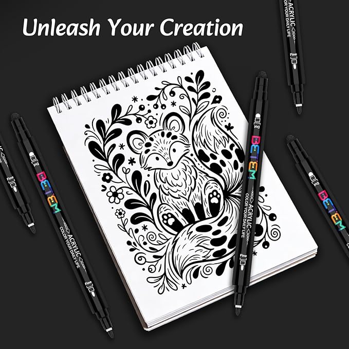 Betem 6 Black Dual Tip Acrylic Paint Markers, Fabric Decorating Kits Premium Water-Based Acrylic Paint Pens Art Supplies for Fabric, Rock, Wood, Glass, Canvas, Ceramic, Teacher Appreciation Gift