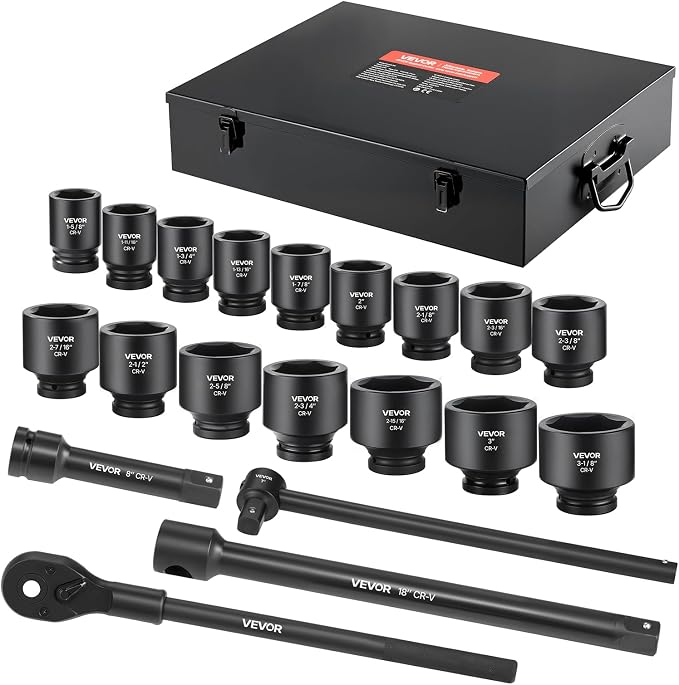 VEVOR 1 in Drive Impact Socket Set, 21 Piece, SAE (1-5/8" to 3-1/8") | 6 Point Shallow Cr-V Impact Sockets, with 8 in & 18 in Extension Bars, 24 in Ratchet, Size Markings, Storage Case