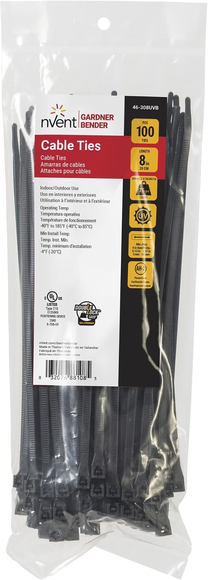 Gardner Bender 46-308UVB Cable Tie, 8 inch., 75 lb. Tensile Strength, Wire / Cord Management Industrial and Household Use, Nylon Zip Tie, 100 Pk., UV Resistant Black