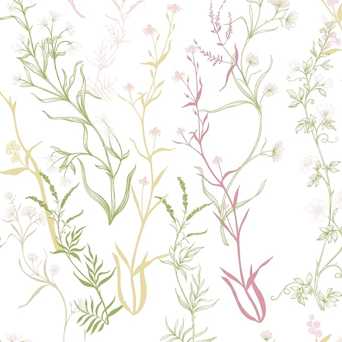 Timeet Floral Wallpaper Peel and Stick Botanical Wildflower Self Adhesive Wall Paper Removable Plant Vine Contact Paper for Living Room Bedroom Accent Decor 17.3" x 400"