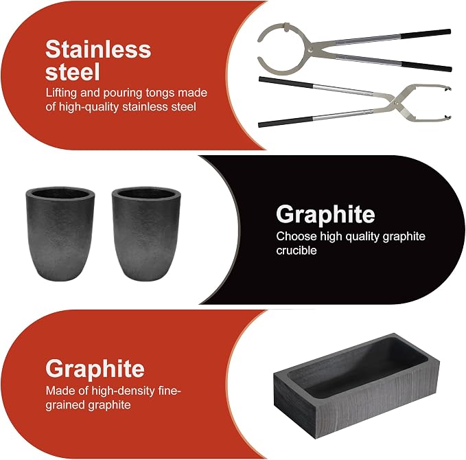 Nelyrho #3 (6.6lbs-3kg) Crucible Tongs Set Pro for Melting Metal Casting | Includes lifting and pouring tongs, 2 graphite crucibles, Ingot mold and gloves for metal melting, casting and jewelry making