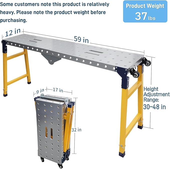 Folding Scaffolding Platform 1100 Lbs Height Adjustable Anti Slip Steel Step Ladder Stool with Galvanized Coating Anti-Slip Feet for Construction Car Washing Roof Snow Removal（59" Wide）