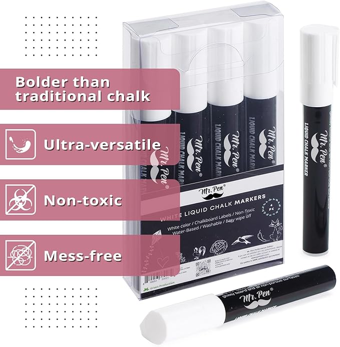 Mr. Pen- Liquid Chalk Marker Pen, 4 Pack, 8x Labels, White Non-Toxic Odorless Chalk Markers, Dual Reversible Chisel & Bullet Tip, Ideal for Non-Porous Chalkboards, Chalkboard Vinyl, Glass & Metal