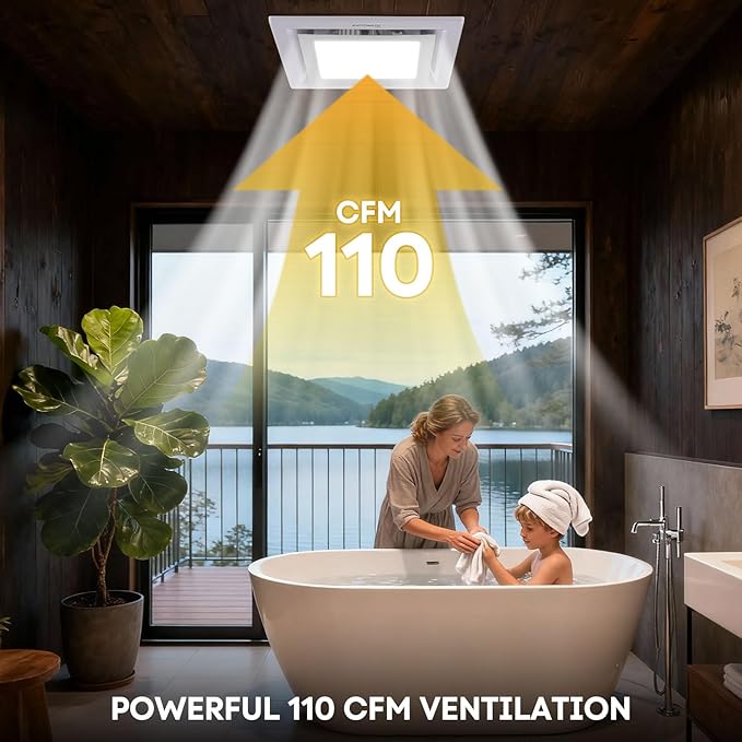 Bathroom Exhaust Fan with Light 10" Ultra Quiet 1.0 Sones,1000LM, 5CCT, Exhaust Fan Mounting Opening 8"x8" in 110CFM Bathroom Fan with Light Ceiling Mount for Home, Bath, Office