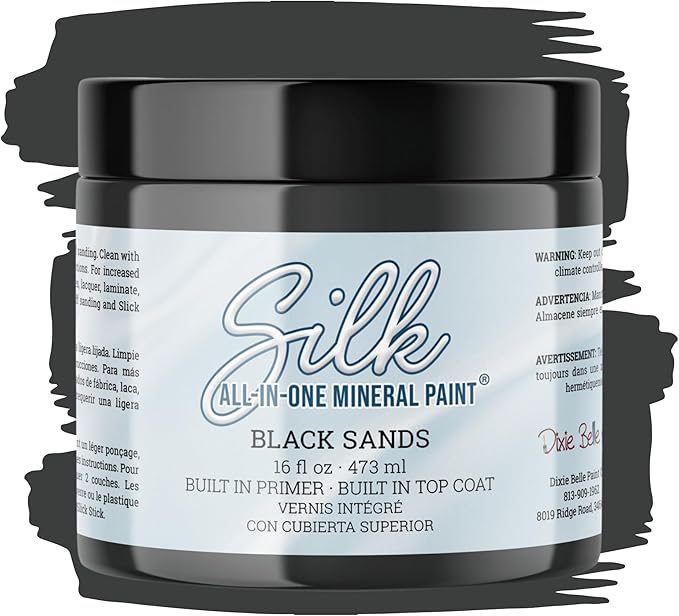 Dixie Belle Silk All-in-One Mineral Paint - Black Sands (16oz) - Gray Black Water Based Built-In Primer + Topcoat for Wood + Metal - Durable Furniture Paint - Low Reflective Finish
