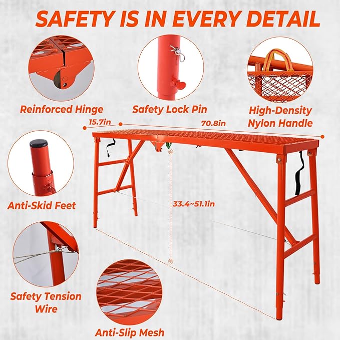 70" Folding Scaffolding Platform, 770lbs Heavy Duty Portable Work Platform with Adjustable Legs for Stairs & Uneven Ground, Multi-Purpose Scaffold Ladder, Welding Table, Red