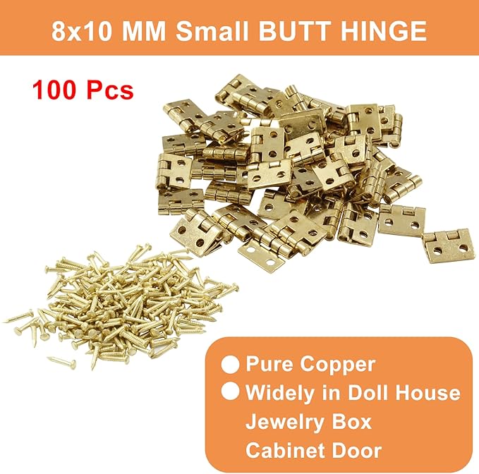 100Pcs Small Gold Hinge,0.31"x0.39" Mini Hinges,Brass Butt Hinge,Tiny Hinges for Mini Cabinet Jewelry Wooden Box,Doll House DIY Hinges with Mounting Screws