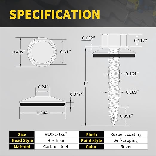 Metal Roofing Screws #10 x 1-1/2", 300 PCS, FIXLINK RUSPERT Hex Head Rubber Washer Sheet Metal Roof Screws Self Tapping Metal to Wood Siding Screws, Hex Socket Included, Silver