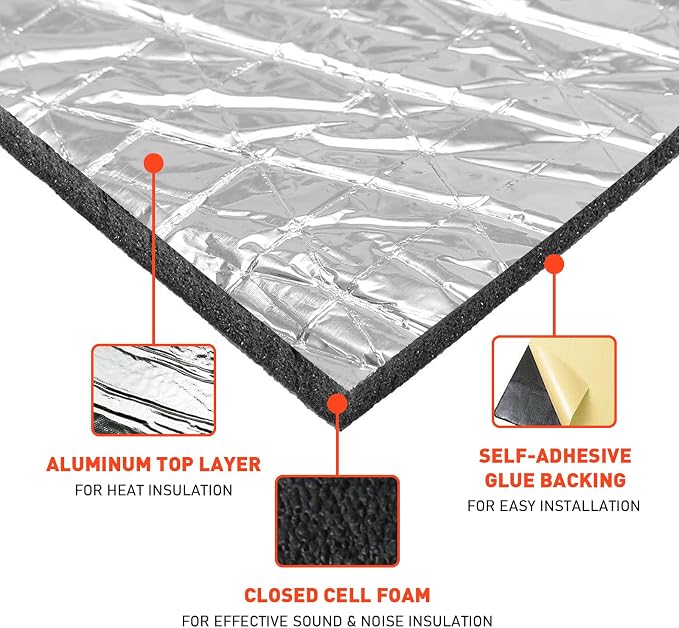 200mil 36.16Sqft Car Sound Dendener Deadening Mat Heat & Noise Insulation | Aluminum Foil Finsh PE Foam Dampening Material with Self Adhesive for Car Hood Trim Roof Door and Trunk