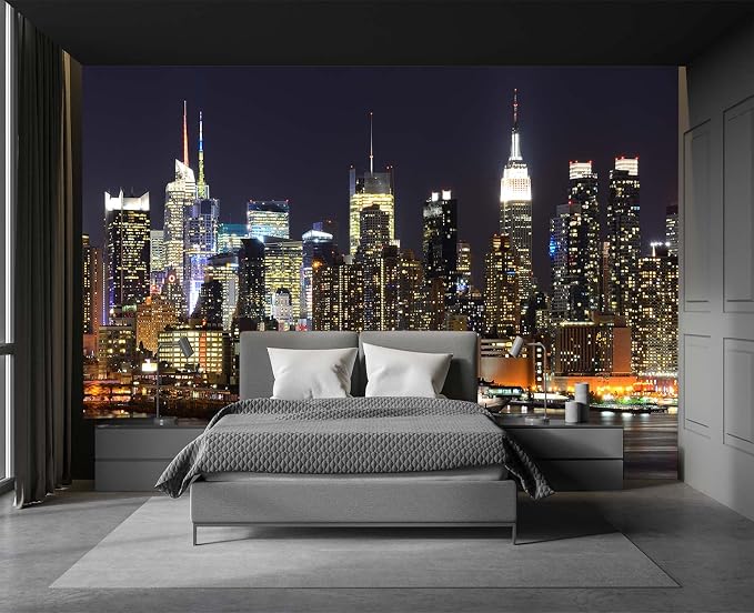 Cliouar-Wall Mural Wallpaper for Bedroom Living Room Manhattan Night View New York City Photo Wallpaper 3D Wallpaper Mural 103" x 69"(Not Peel and Stick)