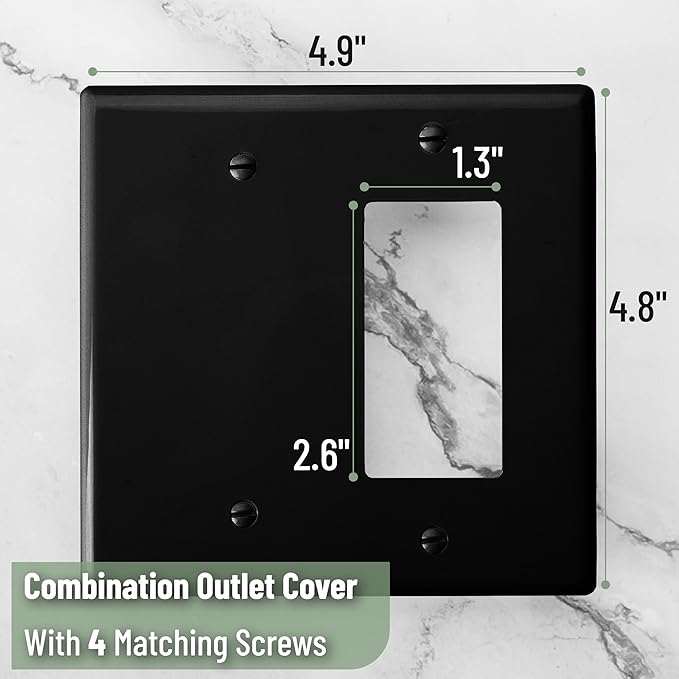 Bates- Combination Wall Plate, 4.8"x4.9", Decorator/Blank, Black, Unbreakable Polycarbonate Thermoplastic, 2 Gang Wall Plate for Electrical Outlets