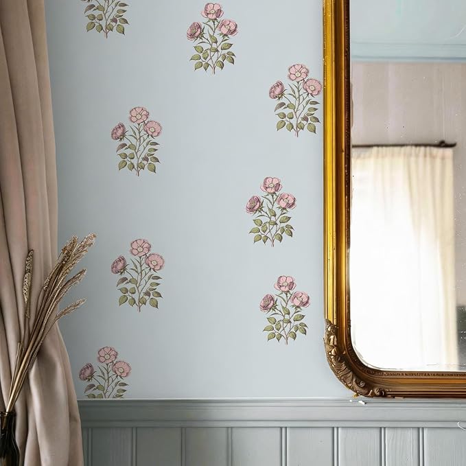 17.3"× 118.1" Vintage Blue Floral Wallpaper Peel and Stick Boho Wallpaper Removable Waterproof Rose Pattern Contact Paper for Bedroom, Bathroom, Home Wall