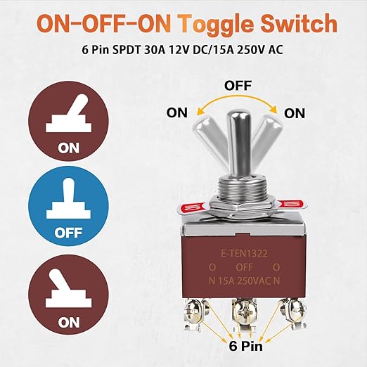 5Pack Toggle Switch, 6 Pin ON-Off-ON 12V DC 30A/250V AC 15A DPDT Marine Waterproof Toggle Switch with Boot Cap Cover, Switch for Car Auto Boat
