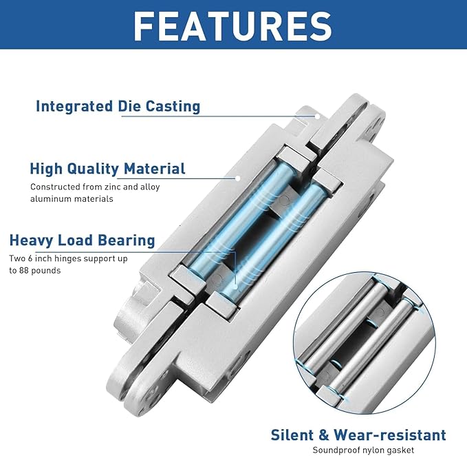 TamBee Outswing Hidden Door Hinges for Secret Door Secret Door Hinges Concealed Door Hinge Hidden Hinges for Secret Door 3 Way Adjustable 6inch 2PCs