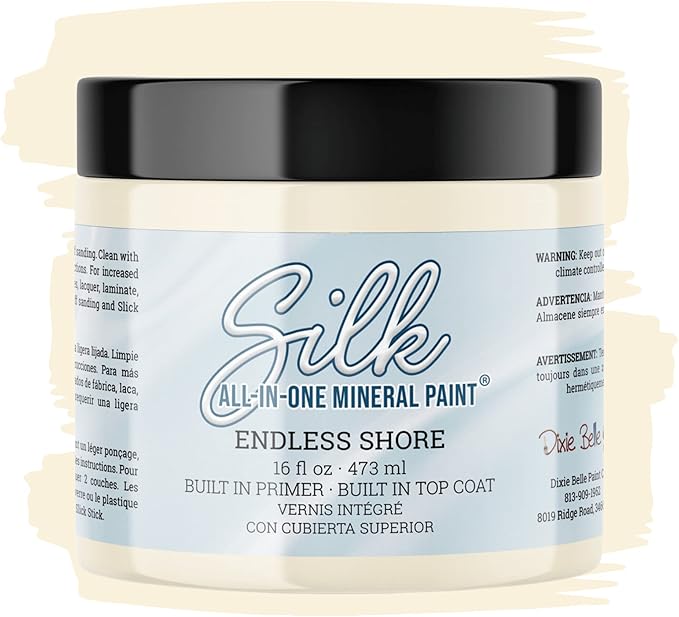 Dixie Belle Silk All-in-One Mineral Paint - Endless Shore (16 Fl Oz) - Off-White Water Based Built-In Primer + Topcoat for Wood + Metal - Durable Furniture Paint - Low Reflective Finish