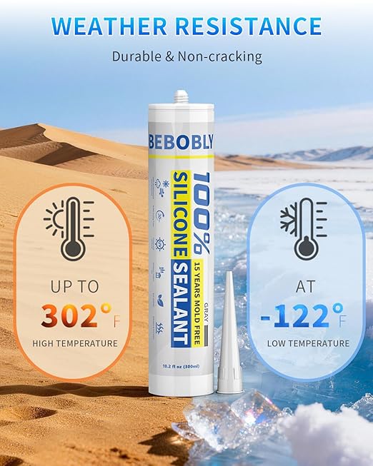 Silicone Caulk & Sealant Gray, 100% Waterproof Silicone Sealant, Shrink & Crack Proof, Silicone Caulking for Kitchen, Bathroom, RV, Interior & Exterior Use, 10.2 FL. OZ/300ML, 1 Pack