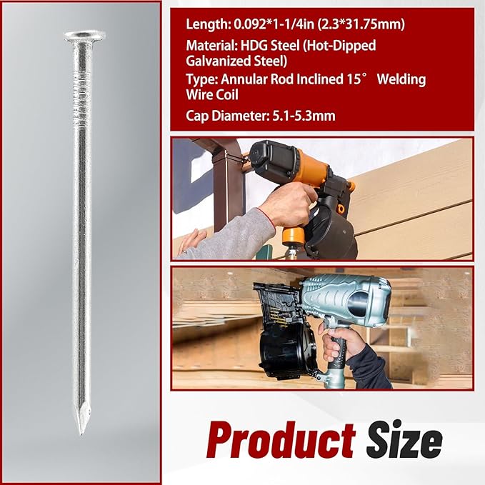 findmall 3600 Count Siding Nails 1-1/4 Inch by .092 Inch 15 Degree Ring Shank Hot-Dipped Galvanized Collated Wire Coil. Adapted to Gun Type CN55 or CN45