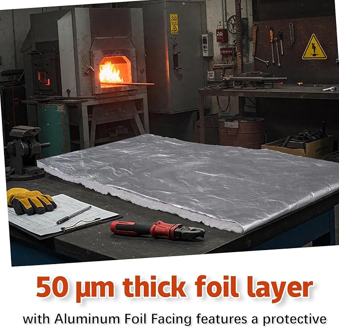 Aluminum Foil Faced Ceramic Fiber Blanket 24" x 96" 8# 2400 F Ceramic Fiber Insulation for Kiln Furnace Chimney Fireplace HVAC Welding Soldering Oven Stove Pipe Insulation (1/2 Inch)