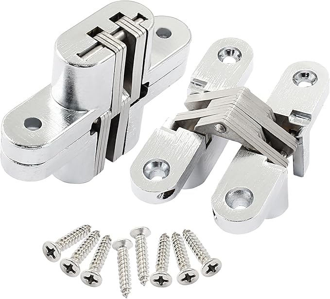 68.5 mm Hidden Hinge, Stainless Steel 180 Degree Invisible Cross Hinges for Kitchen Cabinet Door, Frameless Concealed Hinge with Screws, 4pcs