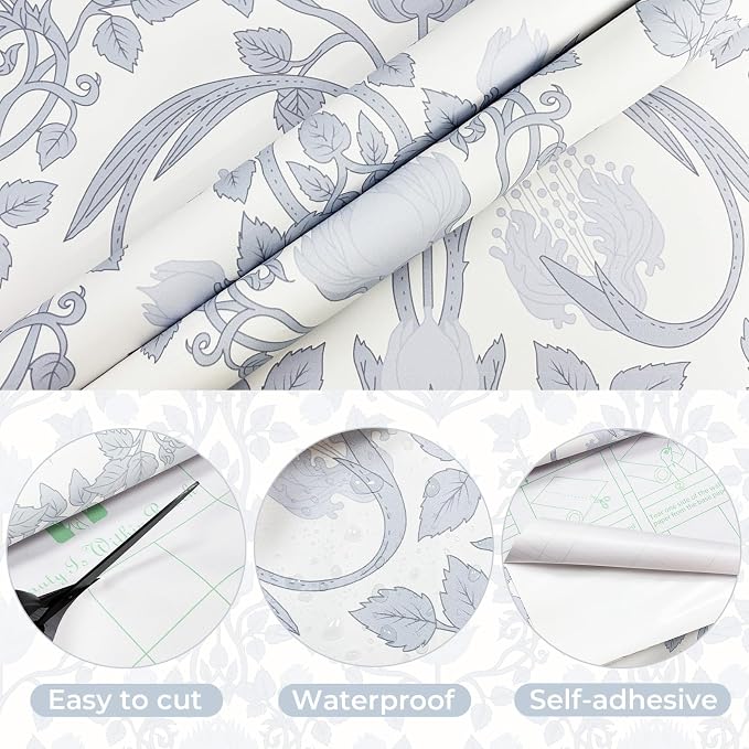 YXTII 590.5" × 17.3" Blue Floral Peel and Stick Wallpaper, Damask Vintage Wallpaper for Bedroom Bathroom Self Adhesive Removable