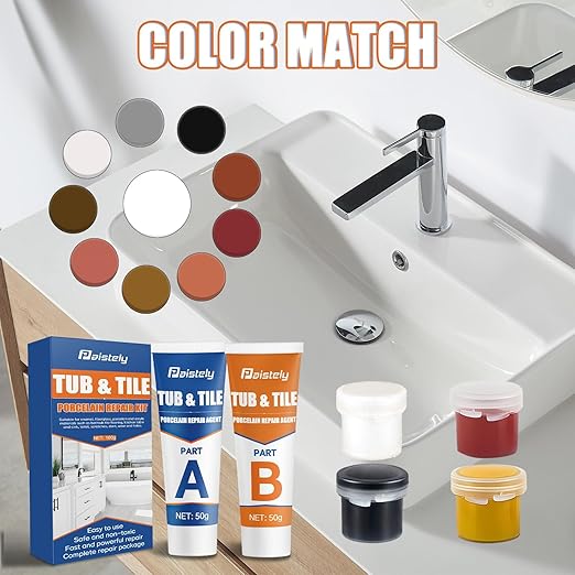 Porcelain Repair Kit, Waterproof Fiberglass Tub Repair Kits, Strong Tile Repair Kit, Non-Toxic Ceramic Tile Repair Kits Suitable for Granite, Marble, Quartz, Ceramics, Porcelain, Resin, etc (50g+50g)
