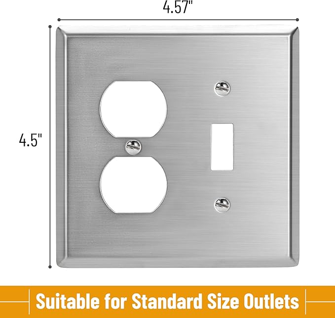 Bates- 2-Gang Combination Wall Plate, Standard Size, Silver Stainless Steel Toggle Light Switch/Duplex Receptacle Outlet, 2 Gang Wall Plate for Electrical Outlets, Double Outlet Cover Plate