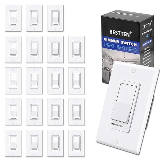 BESTTEN 20 Pack Dimmer Light Switch, Compatible with LED Dimmable Lamp, CFL, Incandescent, Halogen Bulb, Single Pole or 3 Way LED Slide Dimmer Switch, Decorator Wall Plate Included, UL Listed, White