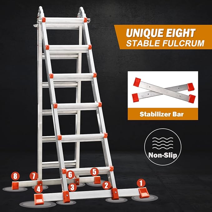 Soctone Ladder, A Frame Extension Ladder, Multi Position with Stabilizer Bar, 330 lbs Weight Rating Telescoping Ladder for Household or Outdoor Work, 22.5 Ft, Orange
